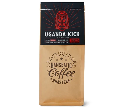 Eine Packung Hanseatic - Uganda Kick Espresso - 250 g Ganze Bohne.