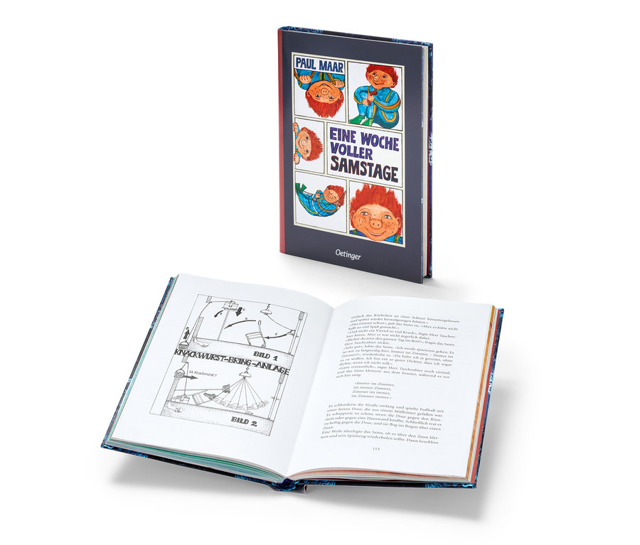 Buch "Das Sams – eine Woche voller Samstage" und ein offenes Buch mit Illustrationen.