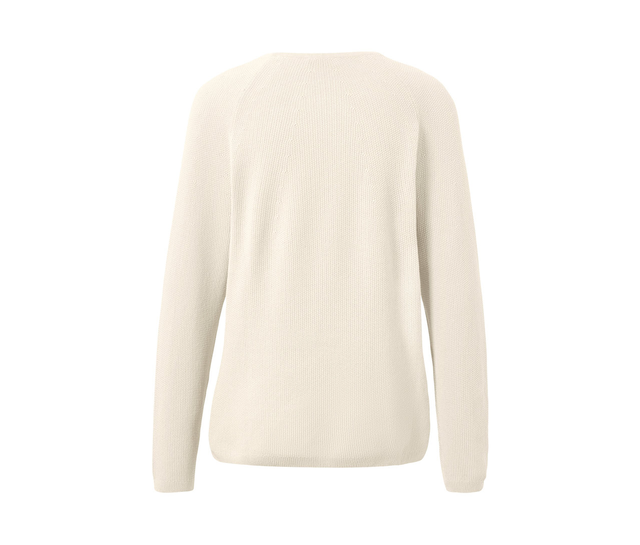 Detailaufnahme eines cremeweißen Strickpullovers.