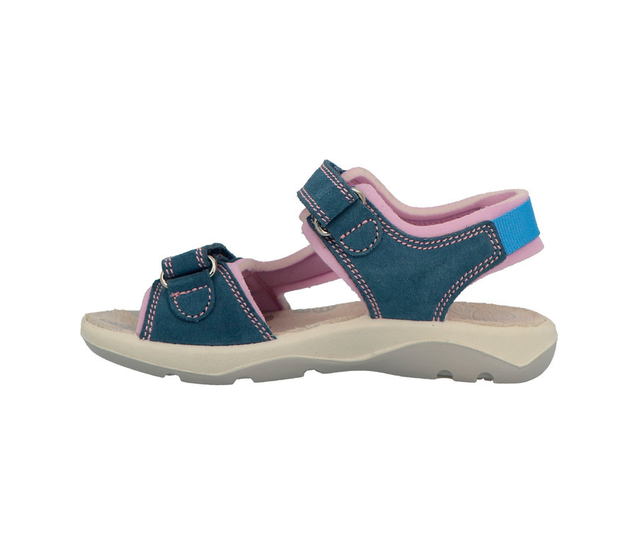 Blau-rosa Lurchi Sandale Jeans vor weißem Hintergrund.