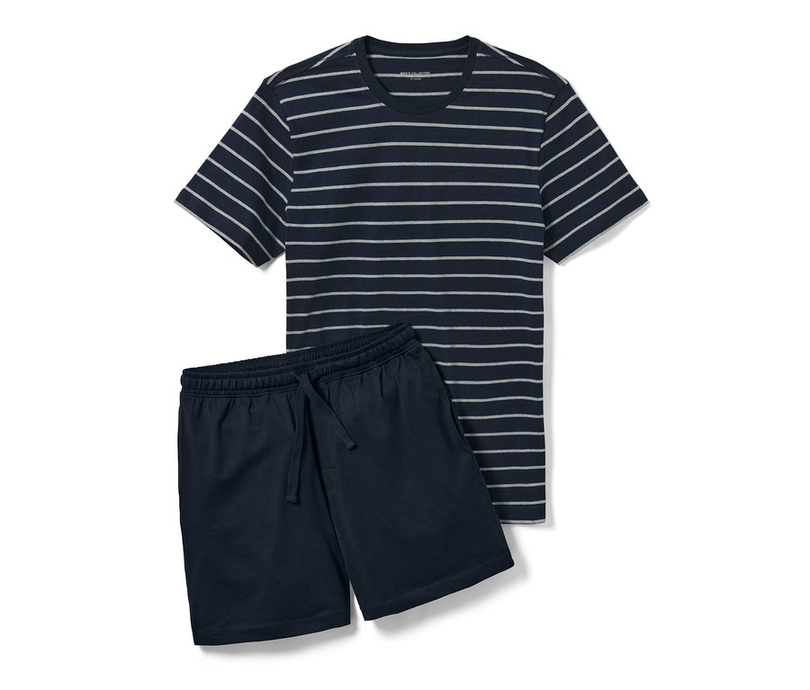 Marineblauer Shorty-Pyjama mit gestreiftem T-Shirt.
