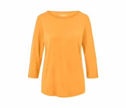 Orangefarbenes Funktionsshirt mit 3/4-Ärmeln.