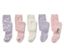 Fünf Kinder-Strumpfhosen, Prinzessin. Die Strumpfhosen sind in den Farben Lila, Rosa und Weiß. Einige haben einen Aufdruck mit Schwänen, andere mit Punkten und die letzten mit einer Prinzessin.