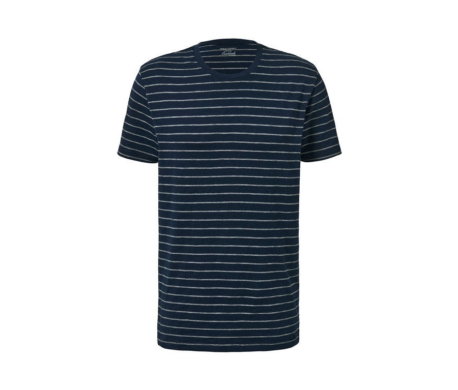 Ein T-Shirt mit Rundhalsausschnitt mit dunkelblauen und grauen horizontalen Streifen.