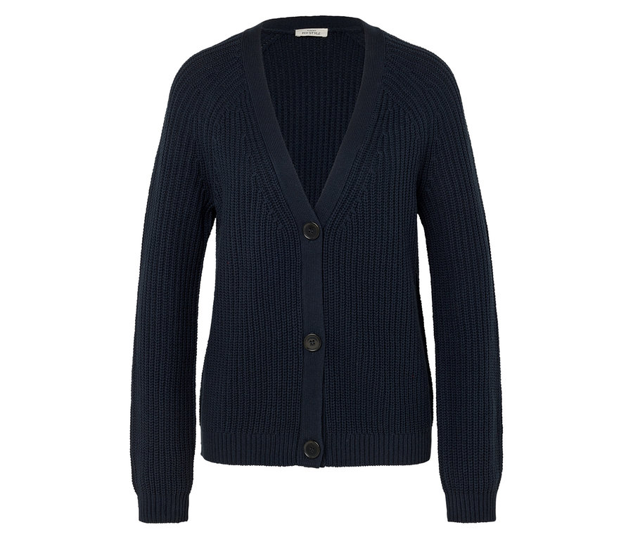 Marineblaue Strickjacke mit drei Knöpfen.