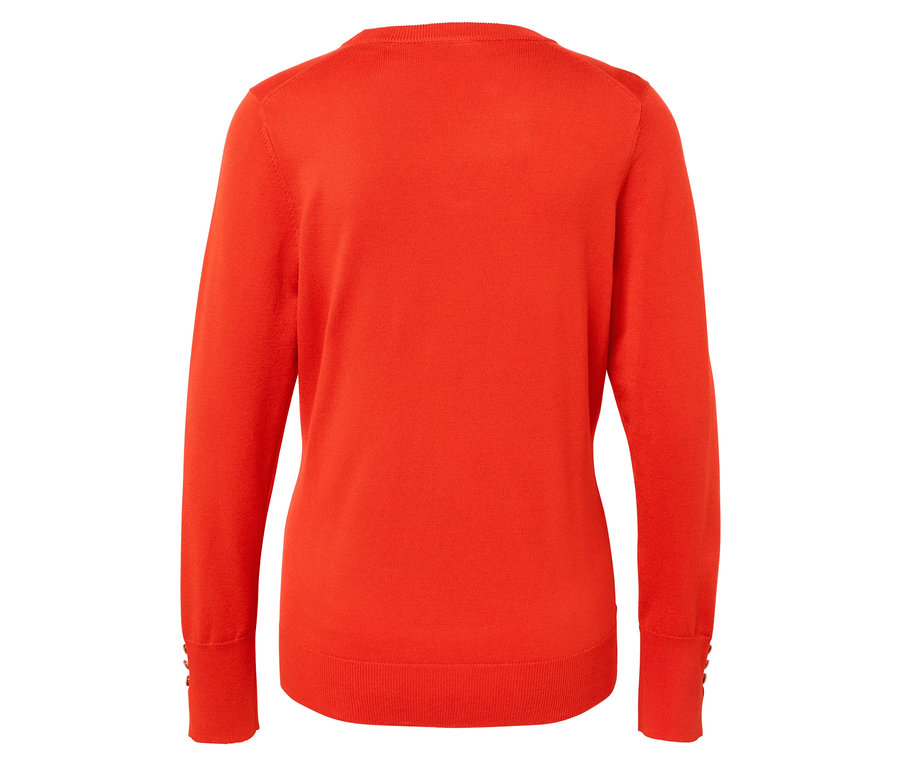 Rückansicht eines orangefarbenen Langarmpullovers.