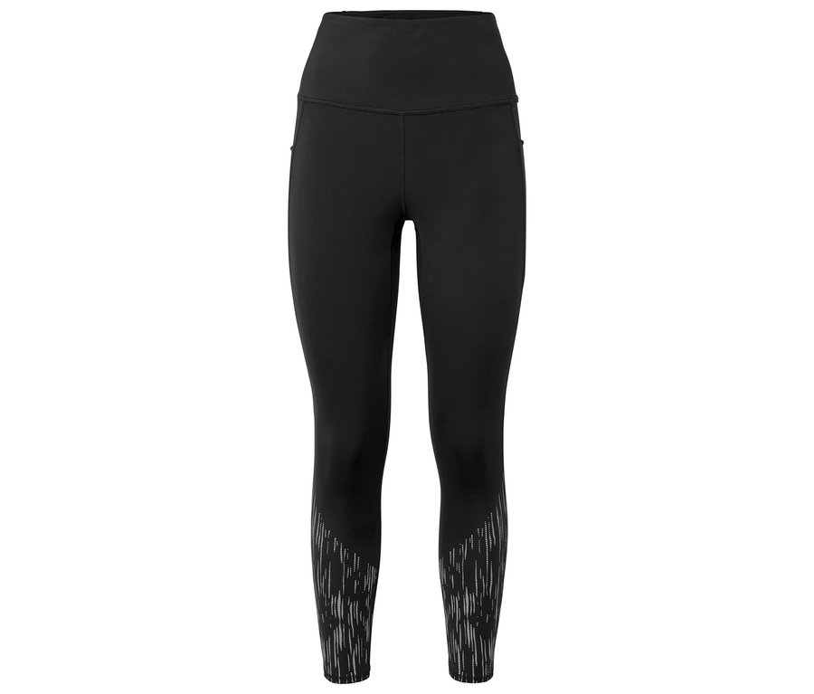 Schwarze Leggings mit hohem Bund und abstraktem Muster an den Hosenbeinen.