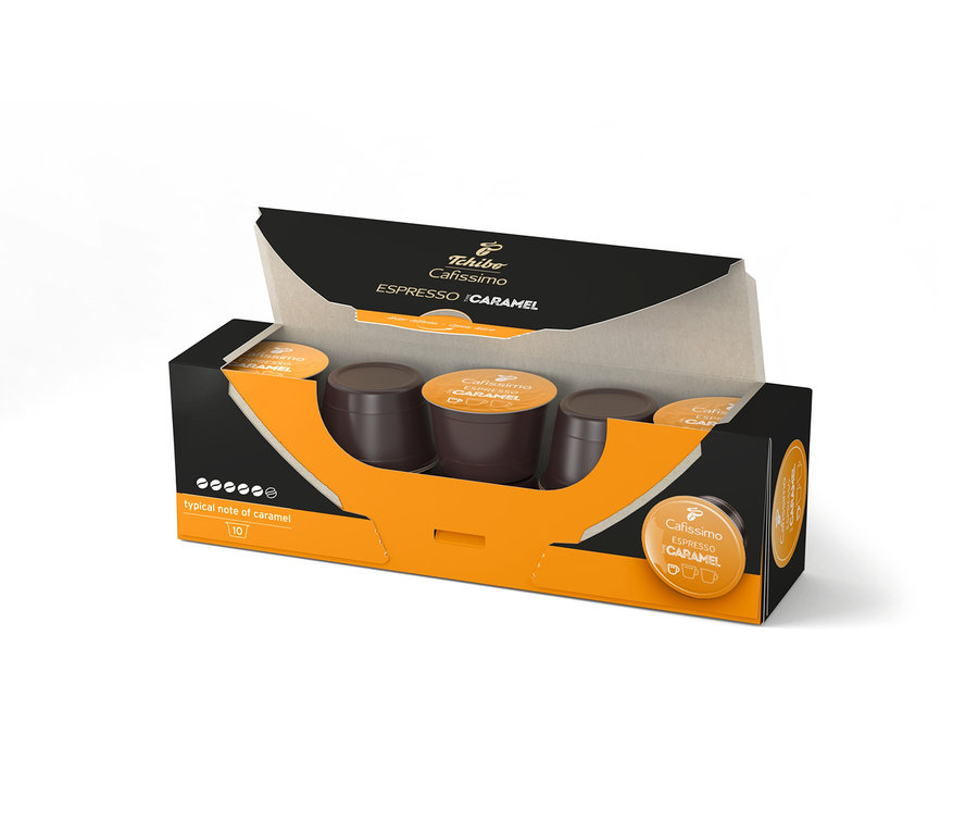Geöffnete Packung Cafissimo Flavoured Edition Espresso Caramel – 10 Kapseln.