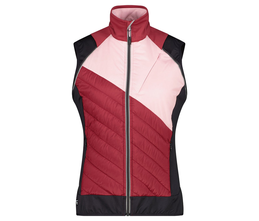Gesteppte Weste mit diagonalem Farbblock in Rosa und Burgunderrot und schwarzen Seitenteilen.