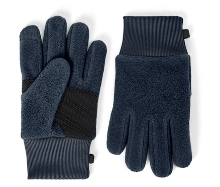 Zwei marineblaue Fleecefäustlinge mit schwarzer, rutschfester Handfläche liegen auf einem weißen Hintergrund.