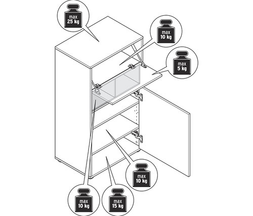 Zeichnung eines Highboards mit Details in Eichendekor, mit geöffneten Türen und maximalen Gewichtsgrenzen.