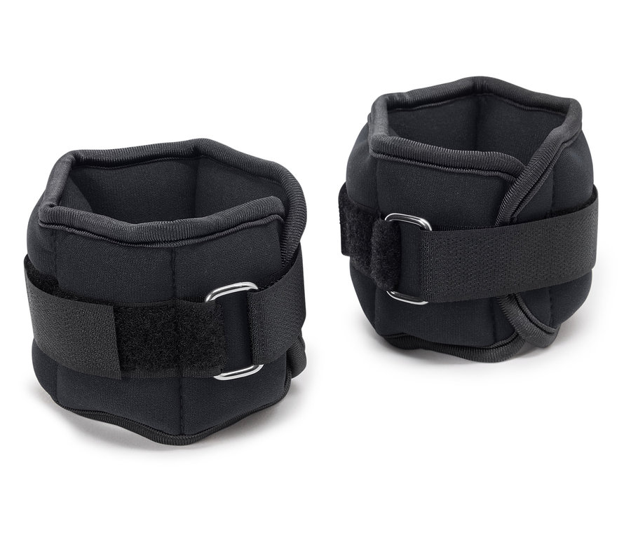 Zwei schwarze Fußgelenkgewichte mit Klettverschluss.