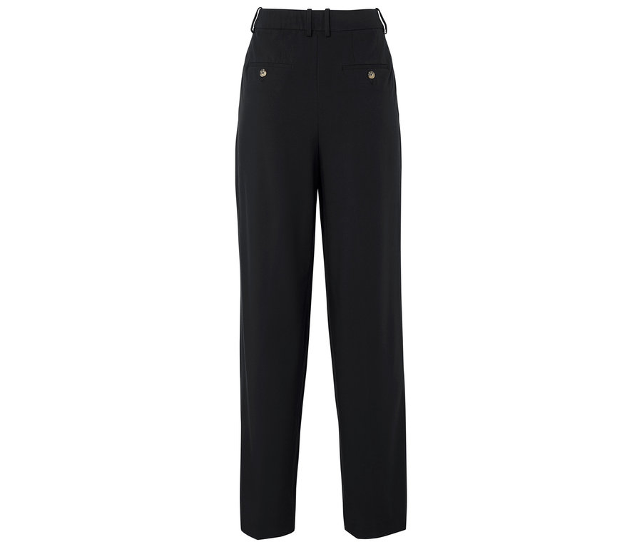 Schwarze Hose mit hoher Taille und Knöpfen.