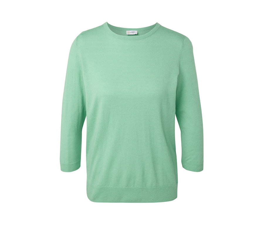 Hellgrüner Feinstrickpullover mit Seide.