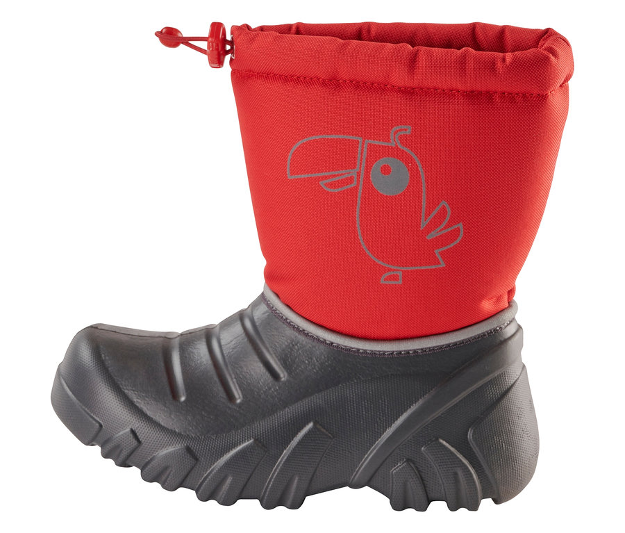 Roter JAKO-O Winterstiefel mit Tukan-Motiv.