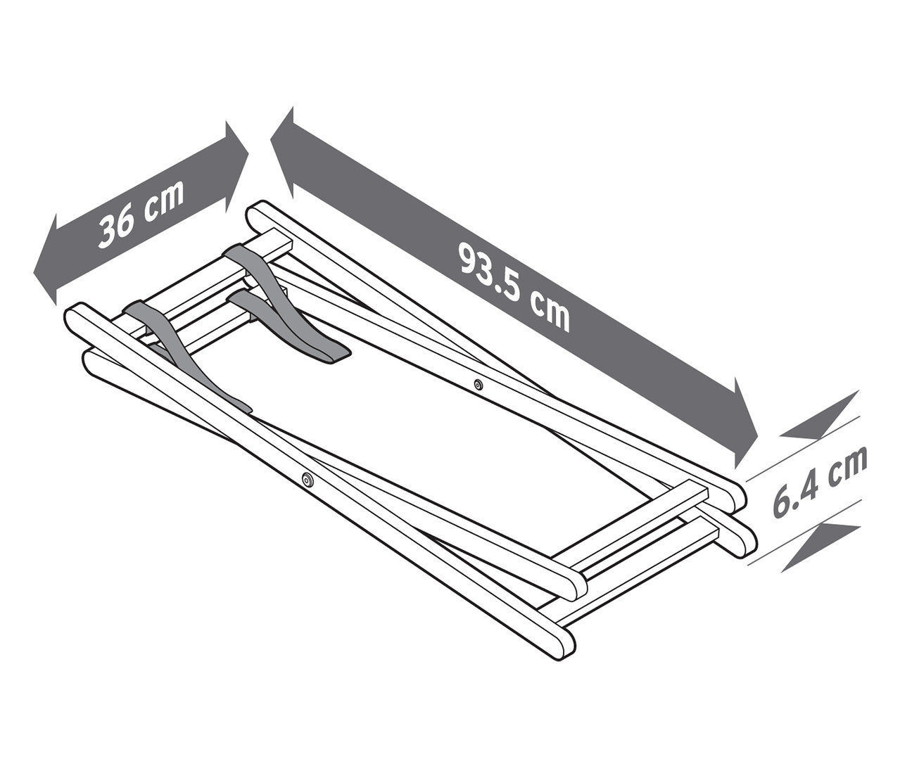Abmessungen der zusammengeklappten Holzliege sind 36 cm x 93,5 cm x 6,4 cm.