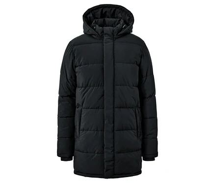 Schwarze gesteppte Winterjacke mit Kapuze.