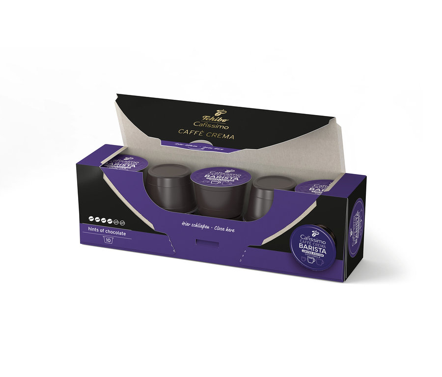 Geöffnete Packung Cafissimo BARISTA Caffè Crema Guatemala - 10 Kapseln mit braunen Kapseln darin.