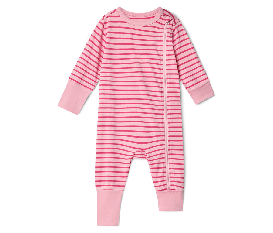 Rosa gestreifter Baby Schlafstrampler mit Reißverschluss auf weißem Hintergrund.