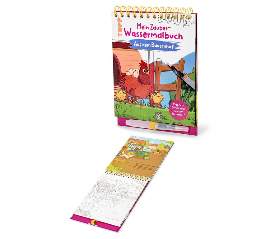 Ein aufgeschlagenes Malbuch mit dem Titel 'Mein Zauber-Wassermalbuch' zeigt eine Illustration eines Bauernhofs mit Hühnern. Ein Stift liegt bereit zum Ausmalen.