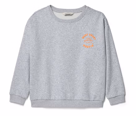 Graues Sweatshirt mit orangefarbenem "West Coast Surfing"-Schriftzug.