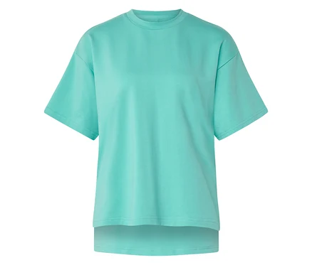 Kurzärmeliges mintgrünes Sweatshirt mit Rundhalsausschnitt und längerem Rückenteil.