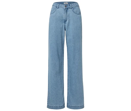 Helle, weit geschnittene Jeanshose mit Taschen und Knopfverschluss.