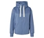 Eine blaue Kapuzenjacke mit durchgehendem Reißverschluss und weißen Kordeln.