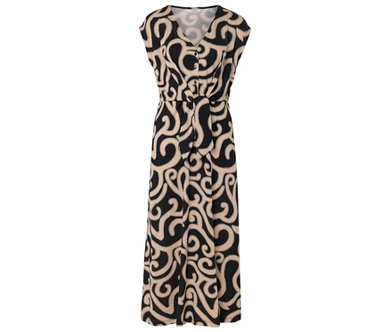Ein ärmelloses, schwarz-beige gemustertes Kleid mit V-Ausschnitt und Taillenband ist abgebildet.