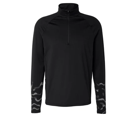 Schwarzes langärmeliges Thermo-Sportshirt mit Half-Zip-Kragen und reflektierenden Wellenmustern an den unteren Ärmeln.