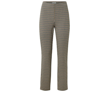 Eine Hose mit braunem und schwarzem Karomuster ist auf einem weißen Hintergrund zu sehen.