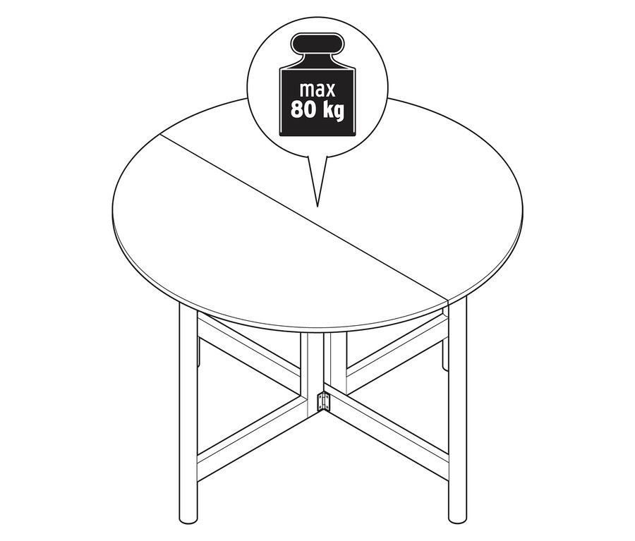Draufsicht auf einen runden Tisch mit vier Beinen und einer Grafik, die ein Gewicht mit der Aufschrift "max. 80 kg" zeigt.