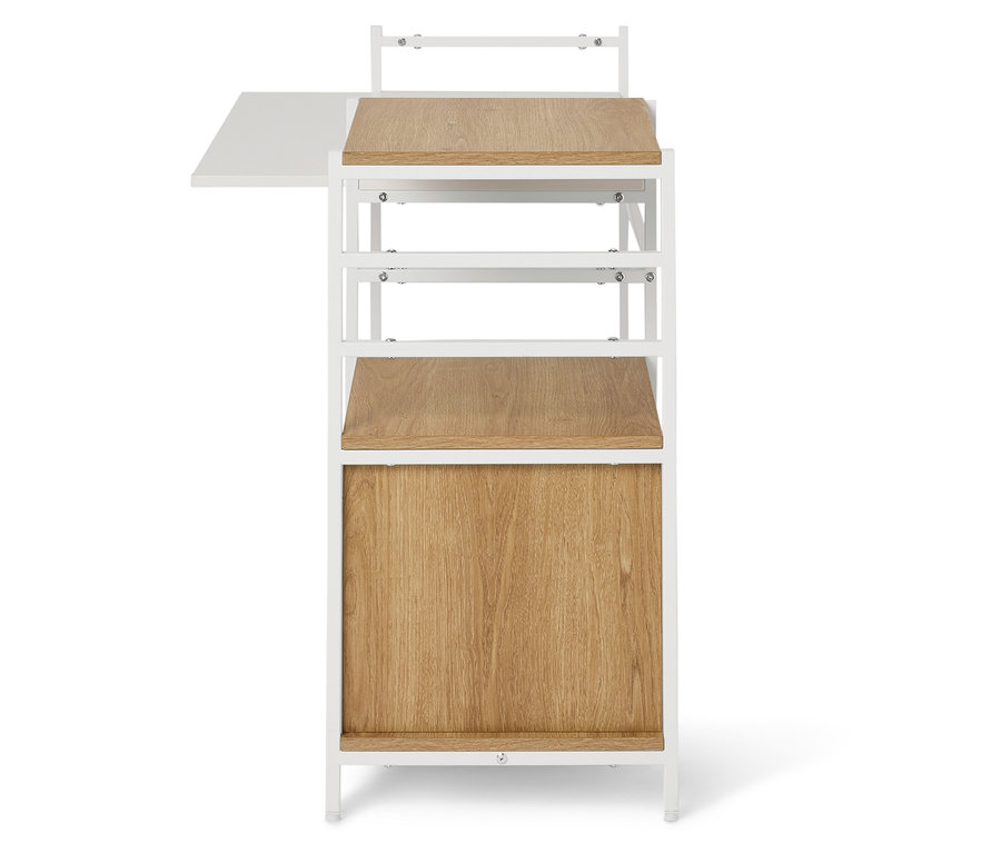 Ansicht eines Regals mit Holzregalböden und weißem Metallrahmen.