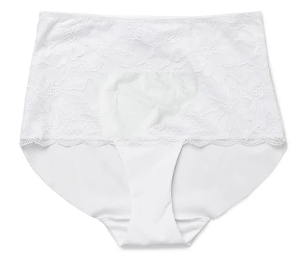 Weißer Damen-Slip mit hoher Taille und floraler Spitze.