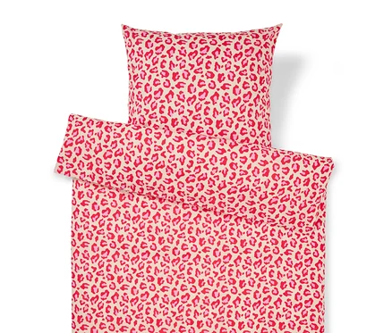 Bettwäsche-Set mit rotem und pinkem Leopardenmuster, bestehend aus Kissen- und Deckenbezug.