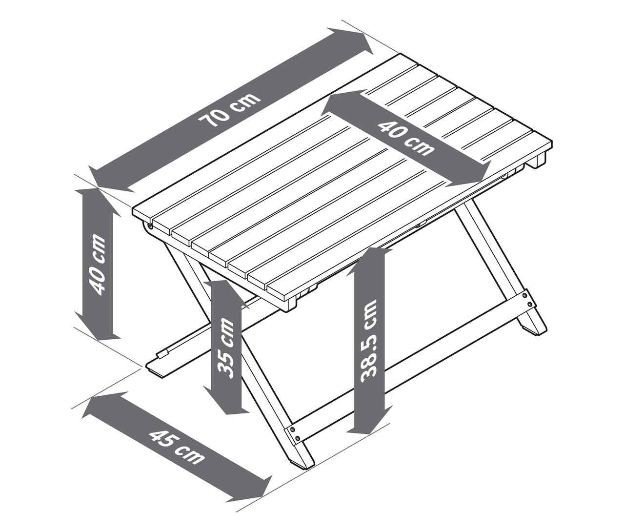 Abbildung eines zusammenklappbaren Gartentisches mit den Massen 70x40x38,5 cm.