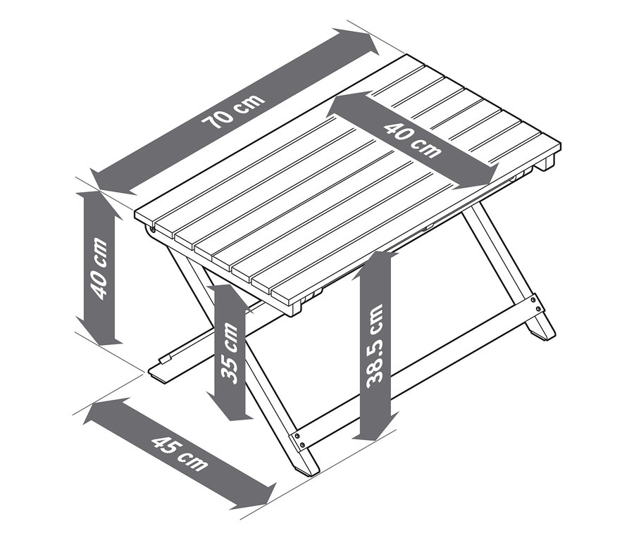 Abbildung eines zusammenklappbaren Gartentisches mit den Massen 70x40x38,5 cm.