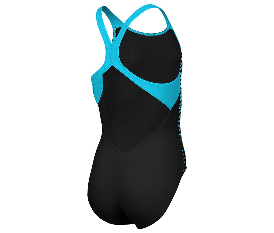 Rückansicht eines schwarzen Badeanzugs mit türkisfarbenen Trägern.