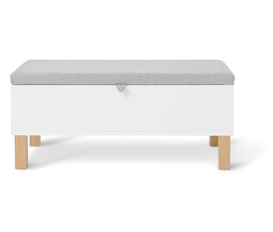 Weißer Hocker mit grauem, gepolstertem Sitz und Holzfüßen.