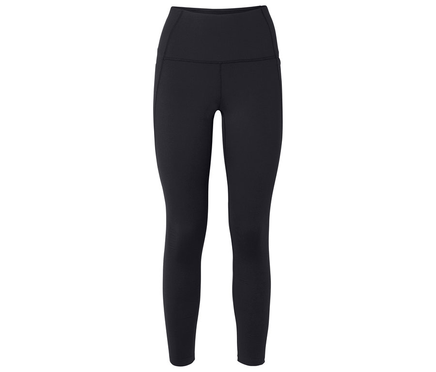 Schwarze Leggings mit hohem Bund vor neutralem Hintergrund.