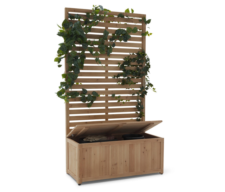 Holzbank mit Rankgitter und offenem Deckel, bedeckt mit Grünpflanzen.