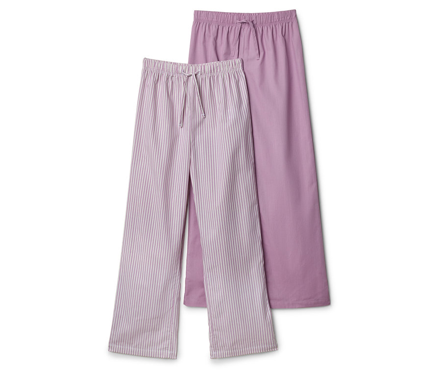 Zwei lange, violette Pyjamahosen, eine gestreift und eine einfarbig.