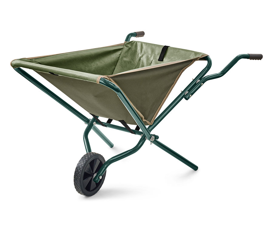 Eine faltbare Schubkarre in Grün und Olivgrün steht auf einem weißen Hintergrund.