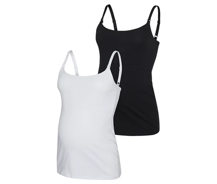 Zwei MAMALICIOUS MLKERRIE STRAP JRS TOP 2F 2-P NOOS Stilltops, eins in Weiß und eins in Schwarz, sind übereinandergelegt.