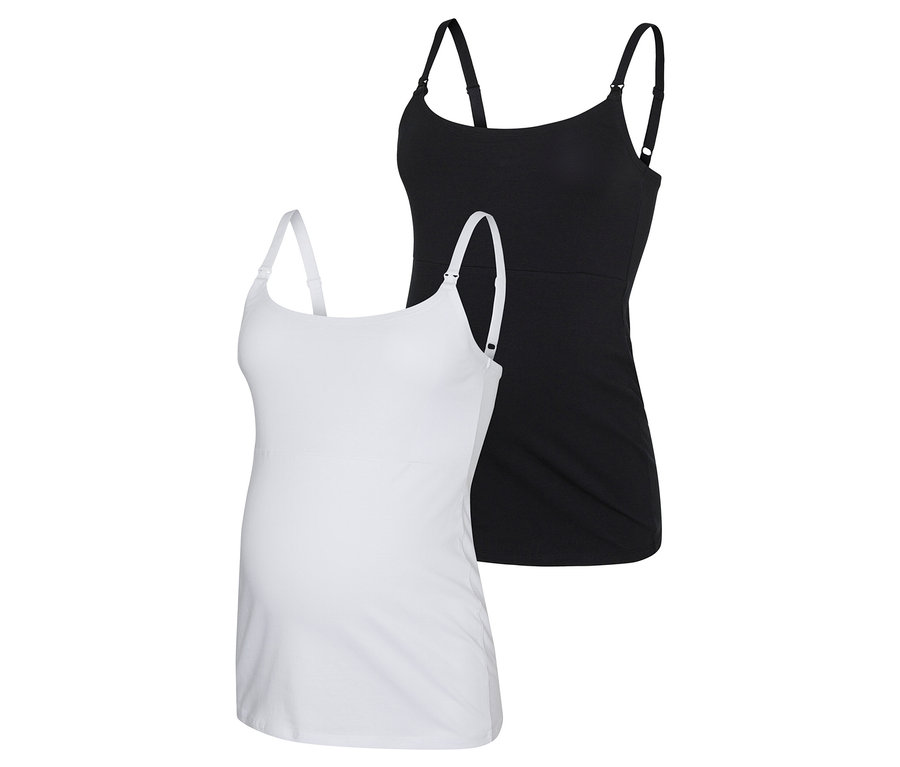 Zwei MAMALICIOUS MLKERRIE STRAP JRS TOP 2F 2-P NOOS Stilltops, eins in Weiß und eins in Schwarz, sind übereinandergelegt.