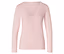 Rosa Langarmshirt mit V-Ausschnitt und weißer Spitze.