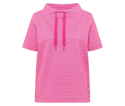CECIL Sweatshirt, pink mit geometrischem Muster, kurzen Ärmeln und hohem Kragen mit Kordelzug.