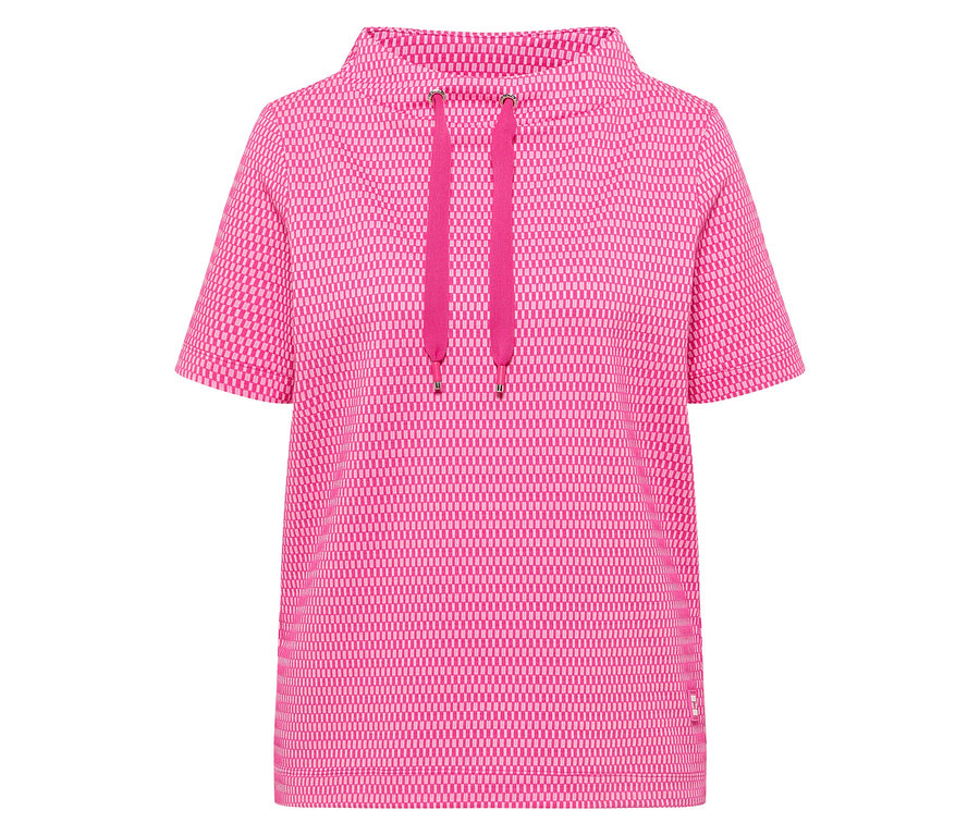 Nahaufnahme des pinkfarbenen CECIL Sweatshirts mit kurzen Ärmeln und Kapuze mit Kordelzug.