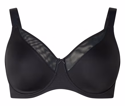 Schwarzer BH mit blickdichten Cups, transparenten Netzeinsätzen an den oberen Cups und einer kleinen Schleife in der Mitte.