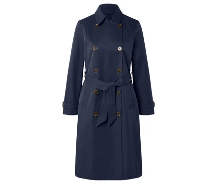 Marineblauer zweireihiger Trenchcoat mit Gürtel.